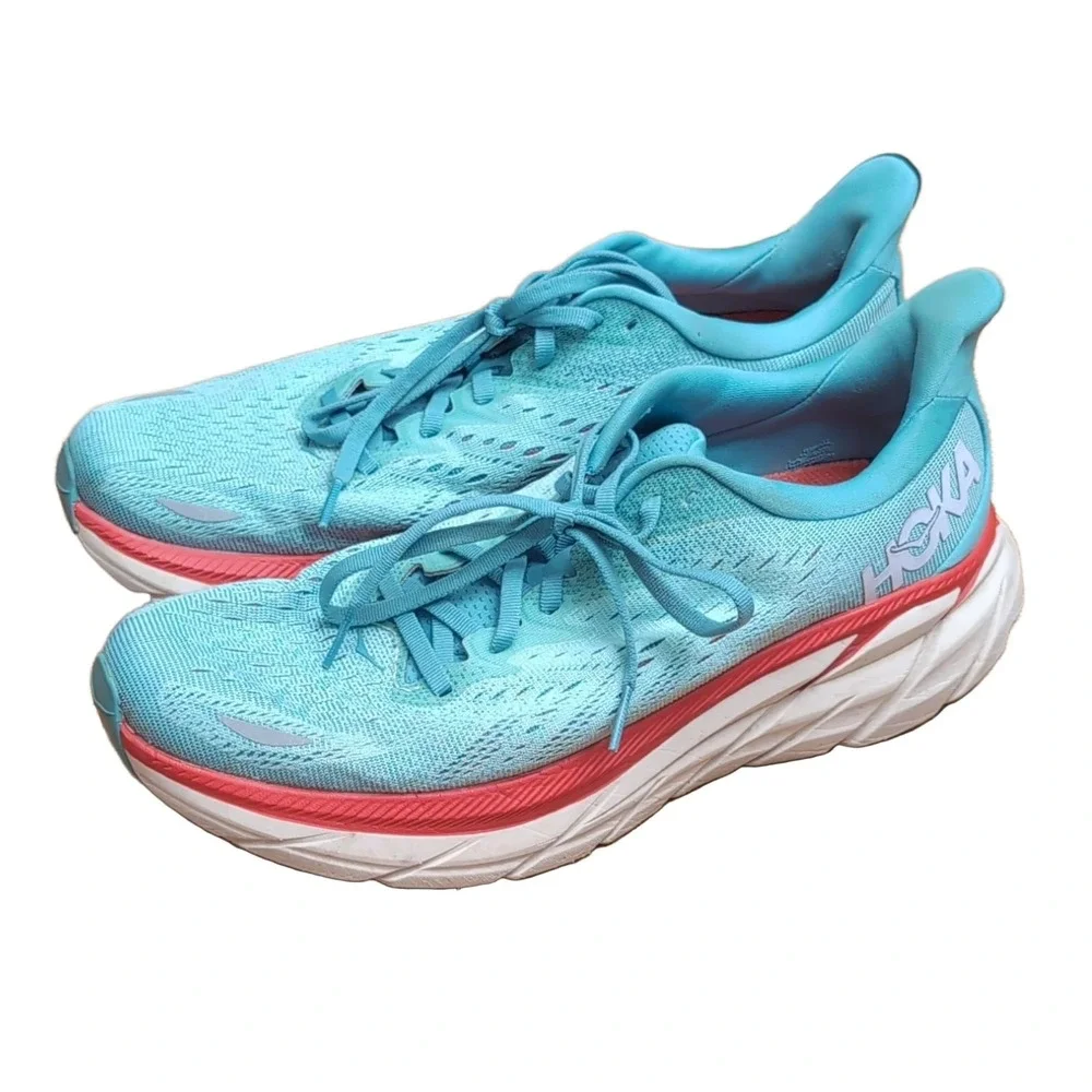 Hoka One One Clifton 8 Women's Running Shoes Light Blue Red White Size 10B